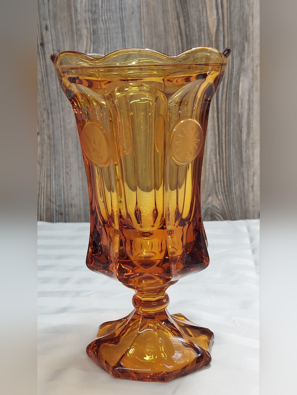 Vintage Fostoria Amber Coin Glass Footed Vase
